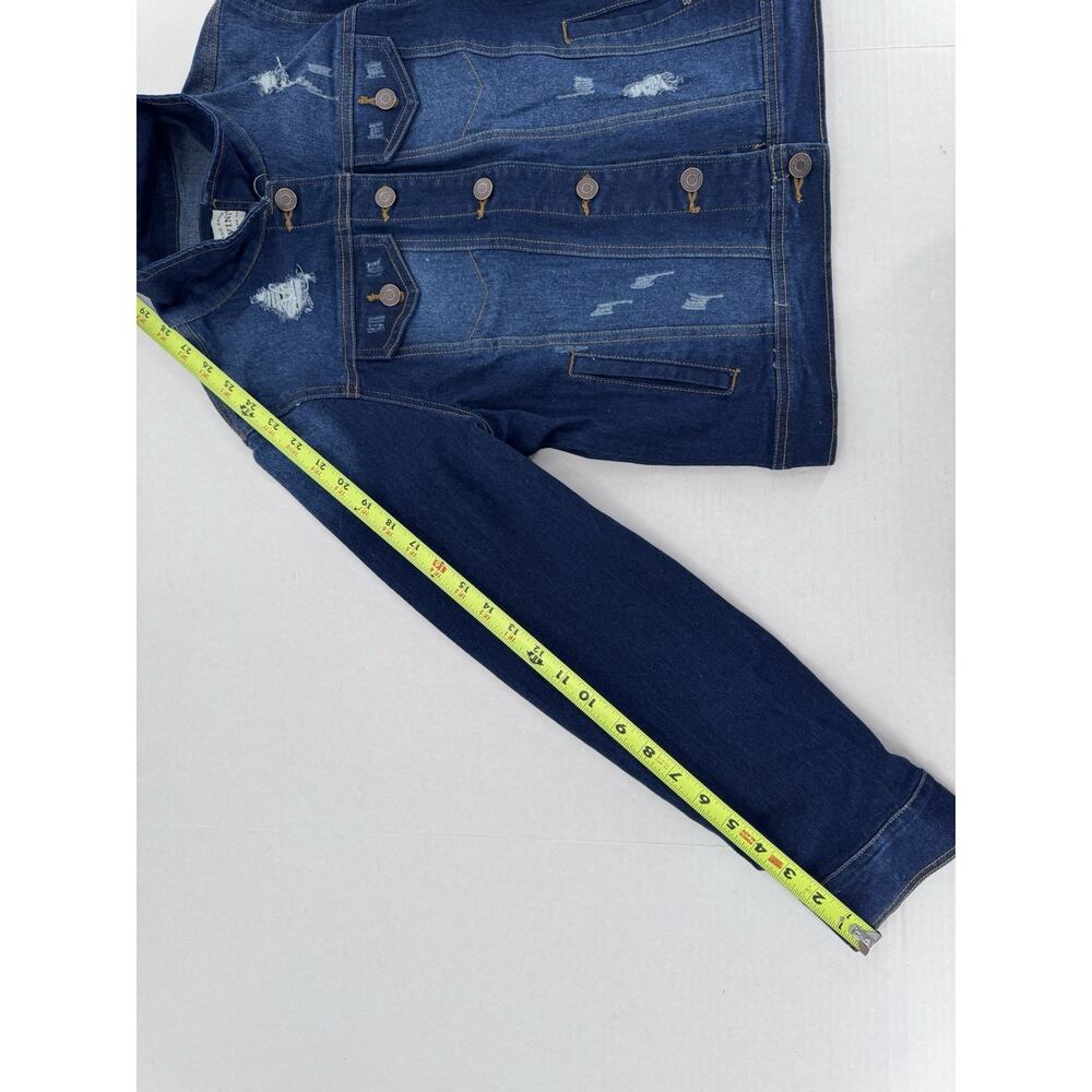 Jvini Denim Jacket Women’s Sz M Dark Wash Distressed Button Pockets Casual - Picture 13 of 14